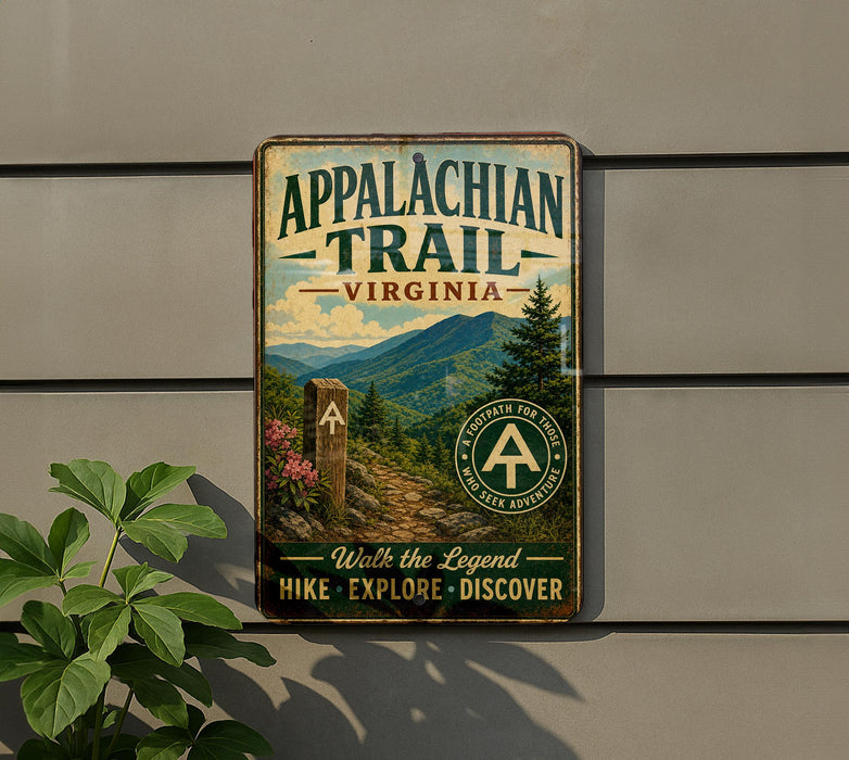 a vintage trail sign for the Appalachian Trail in Virginia, mounted on a wall next to a plant.