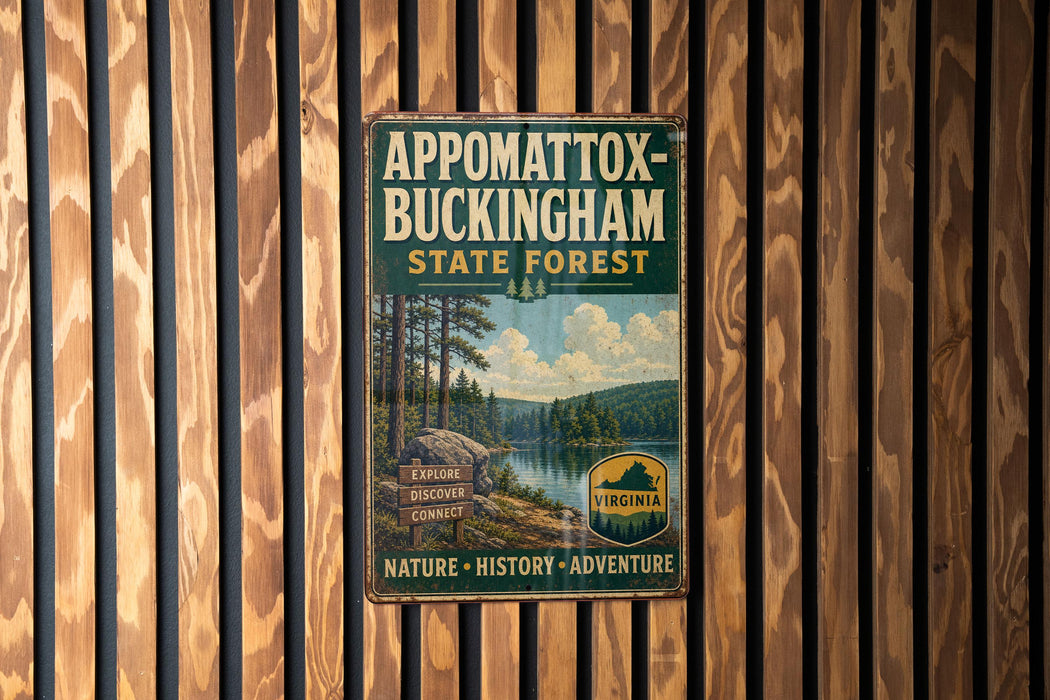 A vintage metal sign for Appomattox-Buckingham State Forest, featuring a scenic landscape with a lake and forest.