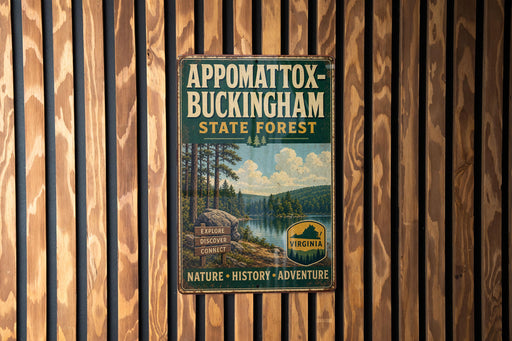 A vintage metal sign for Appomattox-Buckingham State Forest, featuring a scenic landscape with a lake and forest.