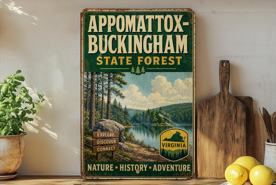 A vintage-style sign for Appomattox-Buckingham State Forest, featuring a scenic landscape with pine trees, a lake, and mountains.