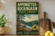 A vintage-style sign for Appomattox-Buckingham State Forest, featuring a scenic landscape with pine trees, a lake, and mountains.