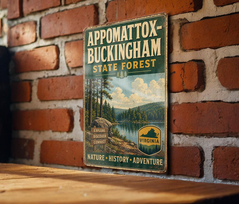 A vintage-style metal sign for the Appomattox-Buckingham State Forest in Virginia, featuring a scenic landscape with pine trees, a lake, and mountains.