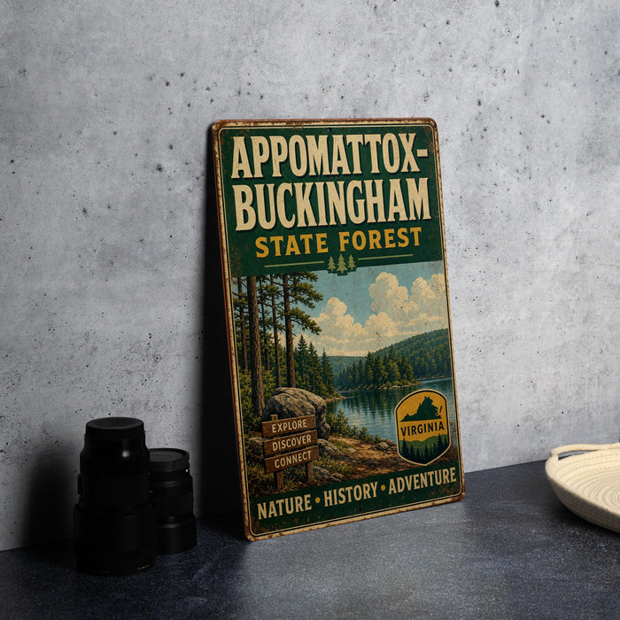 A vintage-style sign for Appomattox-Buckingham State Forest, featuring a scenic landscape with pine trees, a lake, and mountains.