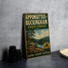 A vintage-style sign for Appomattox-Buckingham State Forest, featuring a scenic landscape with pine trees, a lake, and mountains.