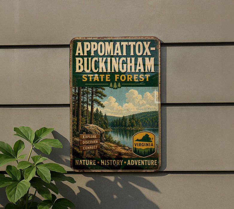 a vintage-style metal sign for Appomattox-Buckingham State Forest, with a scenic landscape of trees, a lake, and mountains in the background.