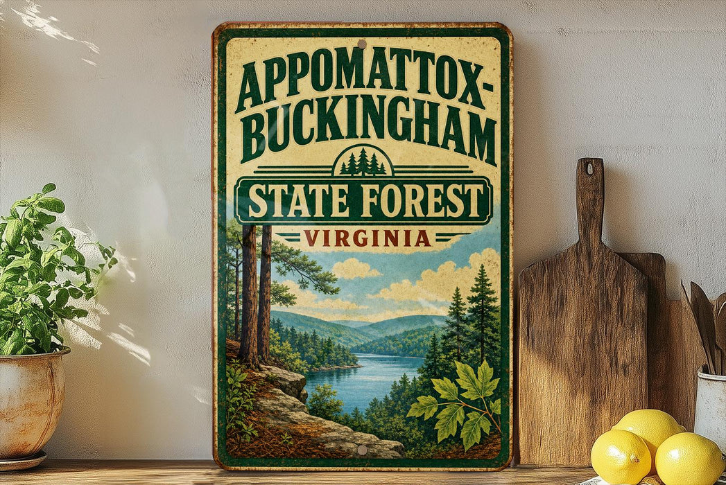 A vintage-style sign for Appomattox-Buckingham State Forest, Virginia, featuring a scenic landscape with pine trees, a river, and mountains.
