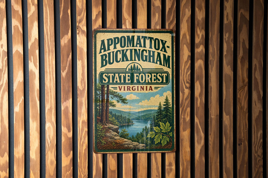 A vintage metal sign for Appomattox-Buckingham State Forest, Virginia, featuring a scenic landscape with pine trees, a lake, and mountains.