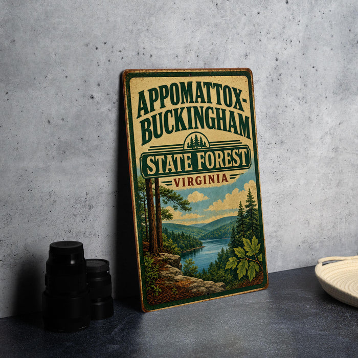 A vintage-style sign for Appomattox-Buckingham State Forest, Virginia, featuring a scenic landscape with pine trees, a river, and mountains.