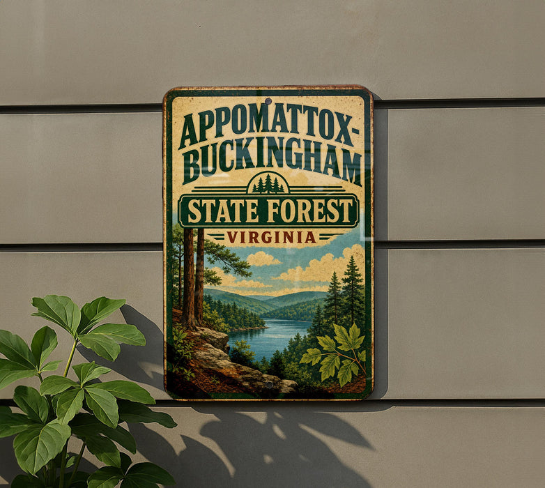 A vintage-style metal sign with the text "Appomattox-Buckingham State Forest Virginia" displayed on a wall, featuring a scenic landscape of trees, a river, and mountains.