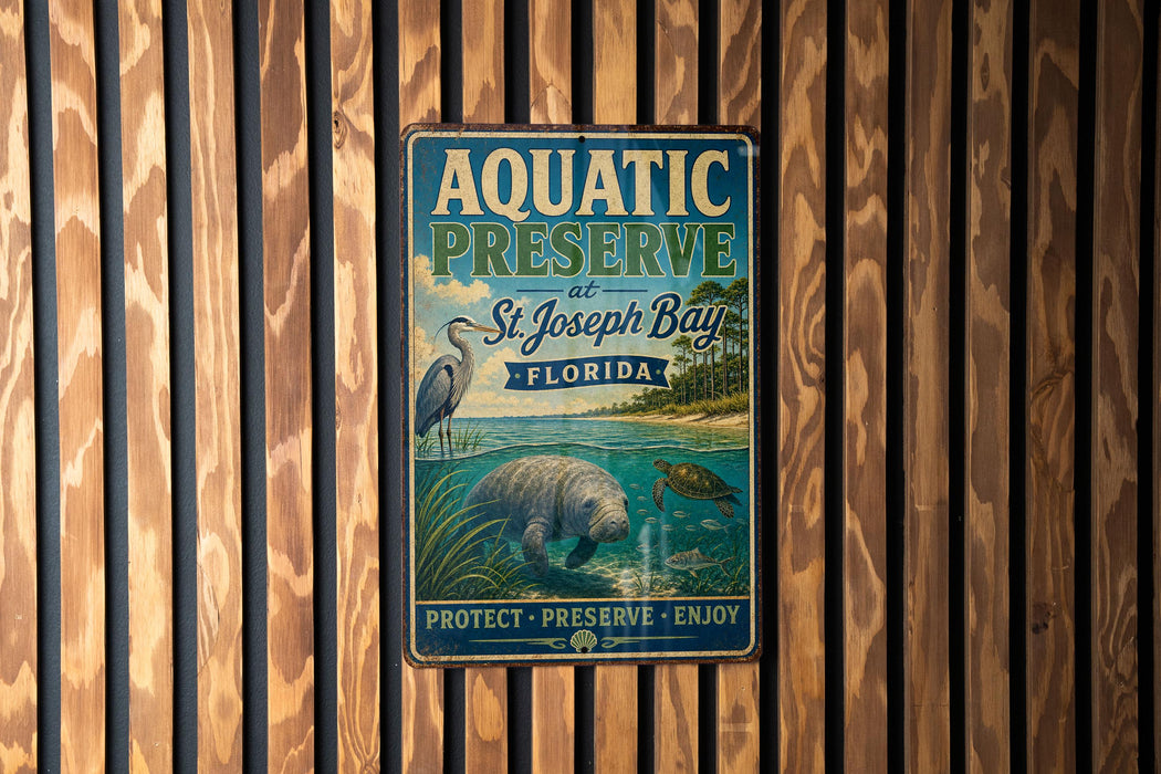 A metal sign with a vintage design hangs on a wooden wall, featuring an illustration of a manatee and a bird.