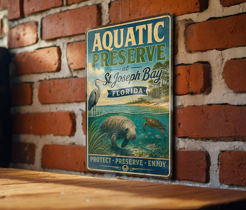 A vintage metal sign for Aquatic Preserve at St. Joseph Bay, Florida, featuring an illustration of a manatee and a bird in a serene underwater scene.