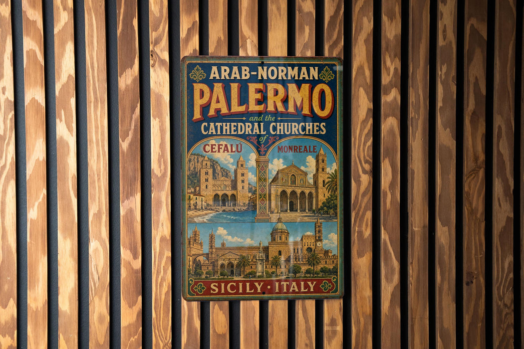 A vintage metal sign advertising the "Arab-Norman Palermo Cathedral Churches" in Sicily, Italy.