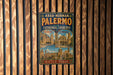 A vintage metal sign advertising the "Arab-Norman Palermo Cathedral Churches" in Sicily, Italy.