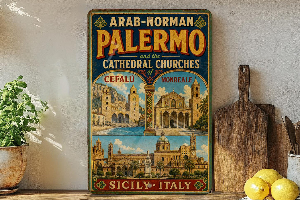 A vintage-style metal sign advertising the "Arab-Norman Palermo and the Cathedral Churches of Cefau" in Montreal, France, with a collage of images depicting the city's landmarks.