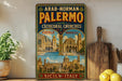 A vintage-style metal sign advertising the "Arab-Norman Palermo and the Cathedral Churches of Cefau" in Montreal, France, with a collage of images depicting the city's landmarks.
