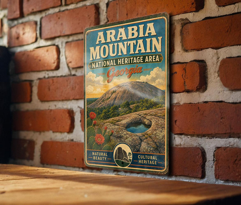 A vintage metal sign for the Arabia Mountain National Heritage Area in Georgia, featuring a scenic landscape with a mountain, desert, and a cactus.