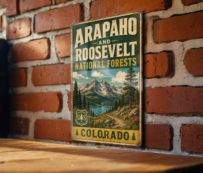 Arapaho & Roosevelt National Forests Colorado Vintage Metal Sign, Rocky Mountain National Forest Decor, Hiking Cabin Wall Sign