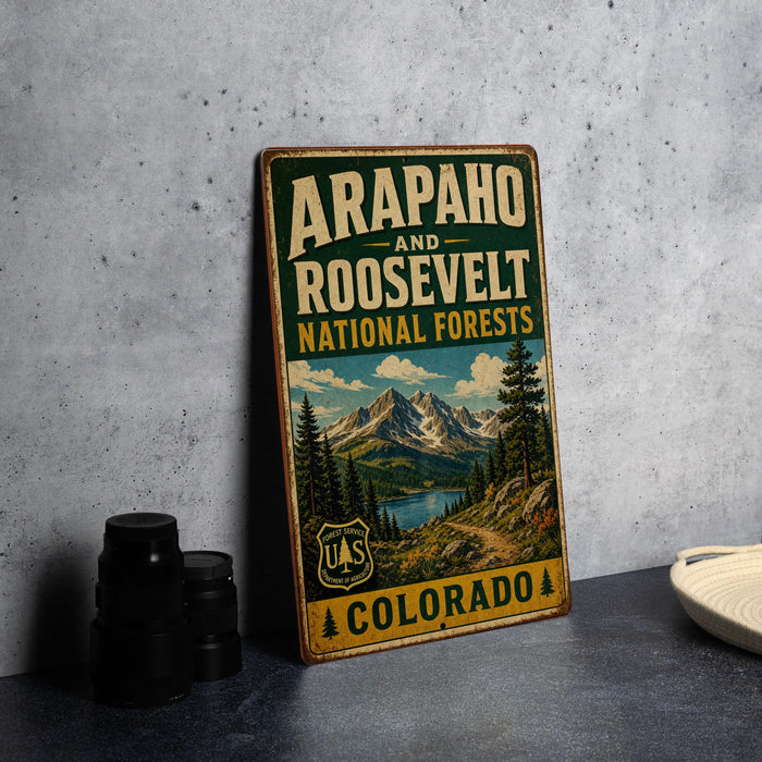 Arapaho & Roosevelt National Forests Colorado Vintage Metal Sign, Rocky Mountain National Forest Decor, Hiking Cabin Wall Sign