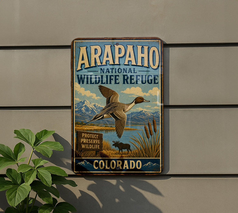 a vintage-style metal sign with a bird and a moose, mounted on a wall.