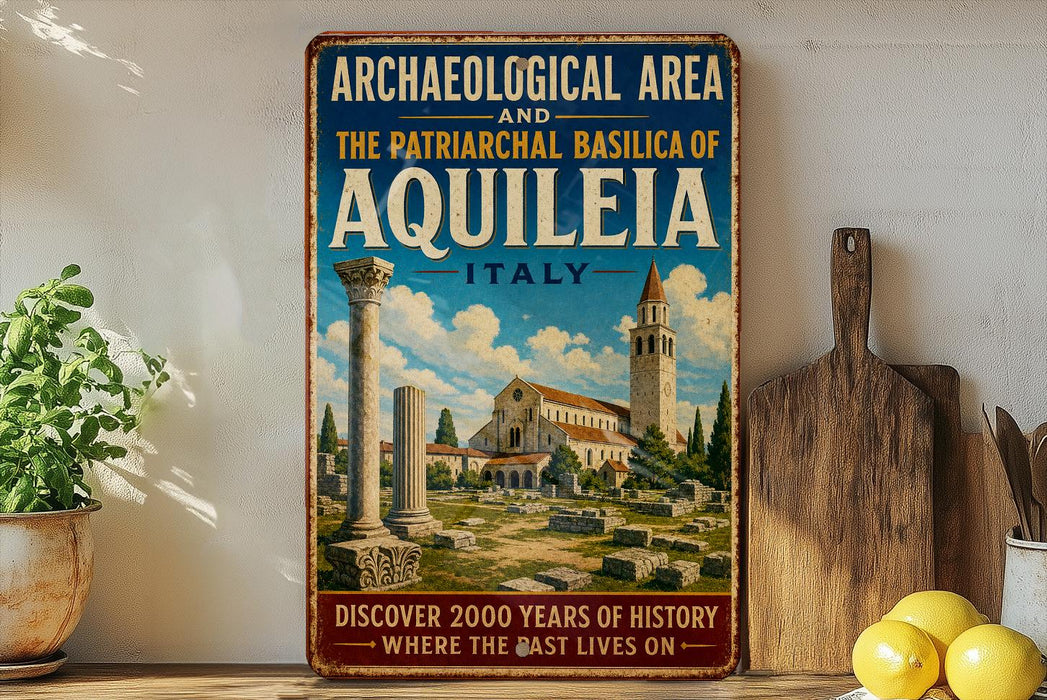 a vintage-style poster advertising the Archaeological Area and the Patriarchal Basilica of Aquileia, Italy.