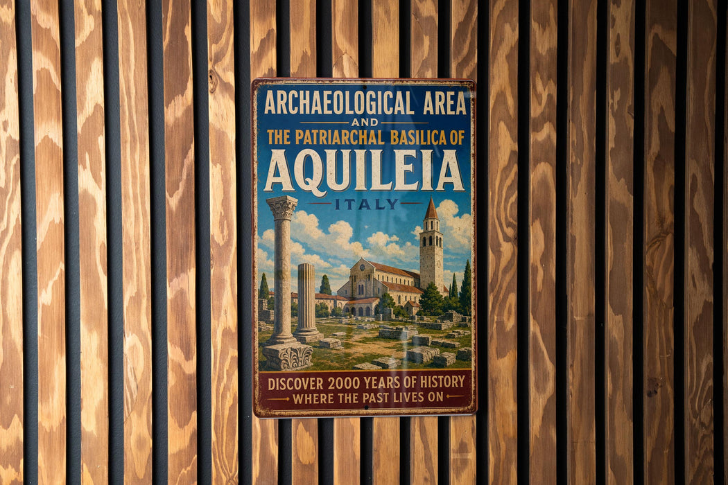a vintage-style metal sign with a colorful illustration of a historical site, such as the Patriarchal Basilica of Aquileia, Italy. The sign is mounted on a wooden wall and appears to be a travel advertisement promoting the archaeological and historical attractions of the area.