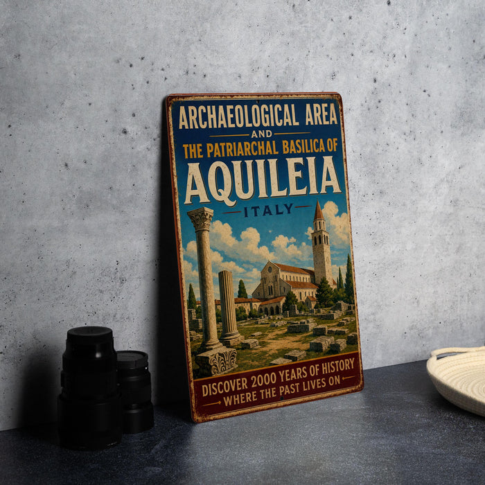 A vintage-style metal sign on a table, featuring an illustration of an ancient building and the text "ARCHAEOLOGICAL AREA AND THE PATRIARCHAL BASILICA OF AQUILEIA ITALY DISCOVER 2000 YEARS OF HISTORY WHERE THE PAST LIVES ON".