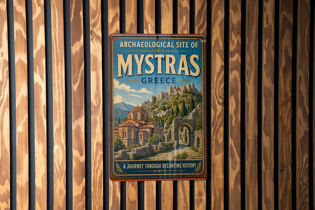 a vintage-style metal sign with the title "Archaeological site of Mystras Greece" displayed prominently.