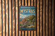 a vintage-style metal sign with the title "Archaeological site of Mystras Greece" displayed prominently.