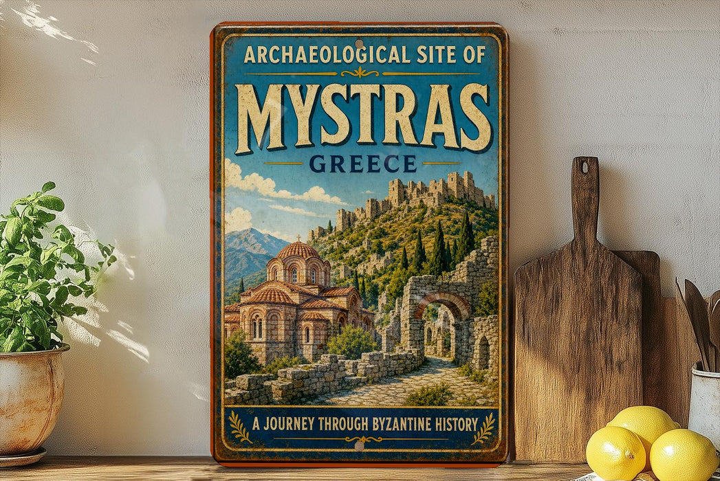 a vintage-style metal sign with a painting of an ancient Greek temple, placed on a wooden shelf next to a potted plant and a wooden cutting board.