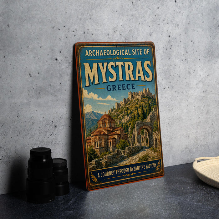 A vintage-style metal sign for the Archaeological site of Mystras, Greece, featuring an illustration of the site and the text "A JOURNEY THROUGH BYCANINE HISTORY".