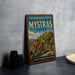 A vintage-style metal sign for the Archaeological site of Mystras, Greece, featuring an illustration of the site and the text "A JOURNEY THROUGH BYCANINE HISTORY".