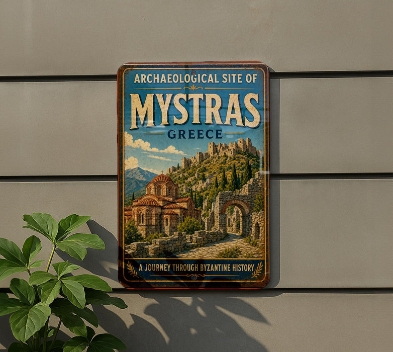 a vintage-style metal sign with a picture of an ancient Greek city, mounted on a wall.