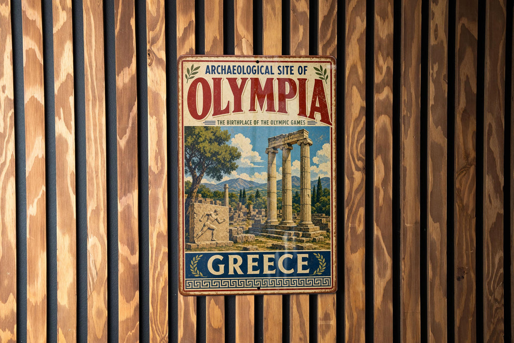 A vintage-style metal sign for the Archaeological Site of Olympia, Greece, featuring an illustration of ancient ruins and columns.
