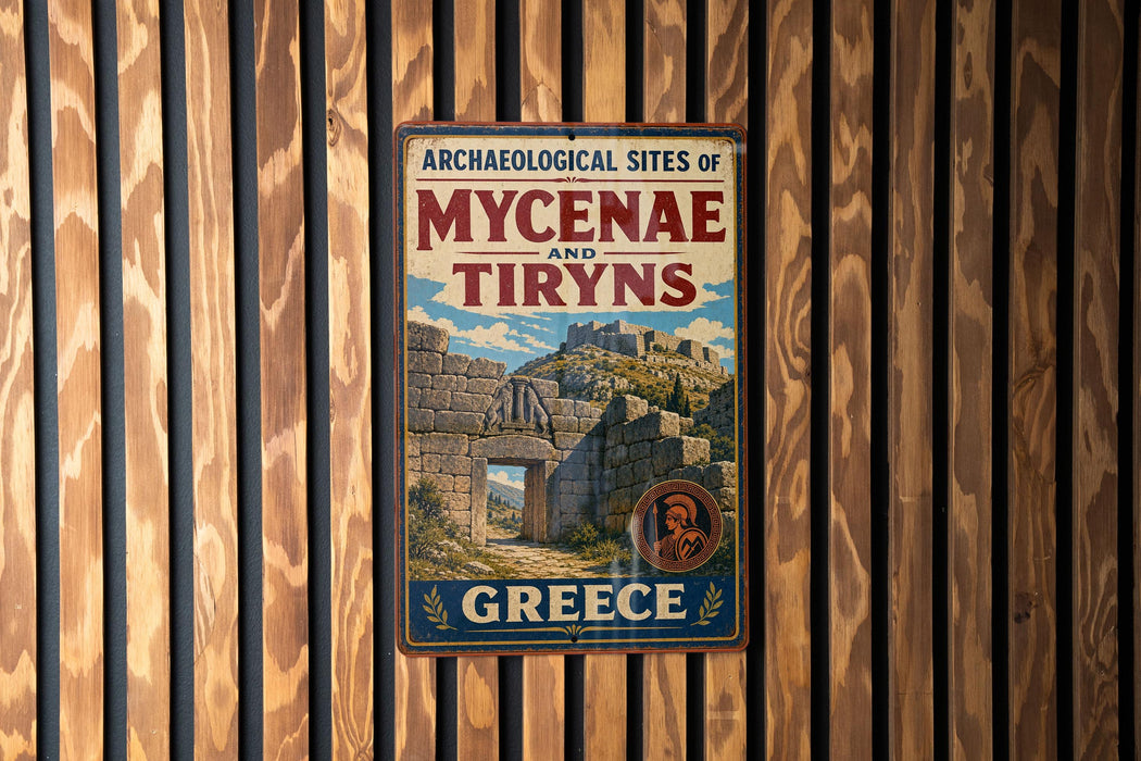 a vintage-style metal sign with the text "ARCHAEOLOGICAL SITES OF MYCENAE AND TIREYS GREECE" displayed on a wooden wall.