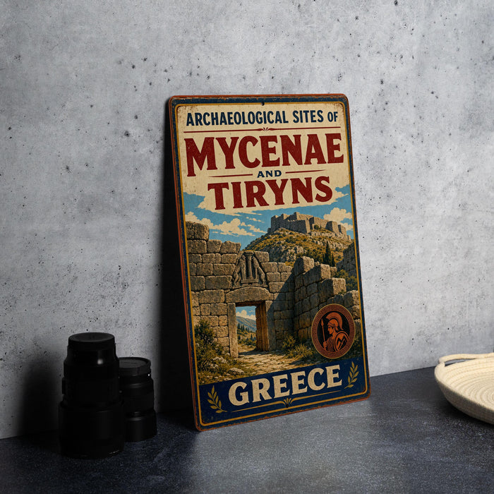 A vintage-style metal sign advertising "Archaeological Sites of Mycenae and Tiryns" in Greece, featuring an illustration of an ancient Greek city.
