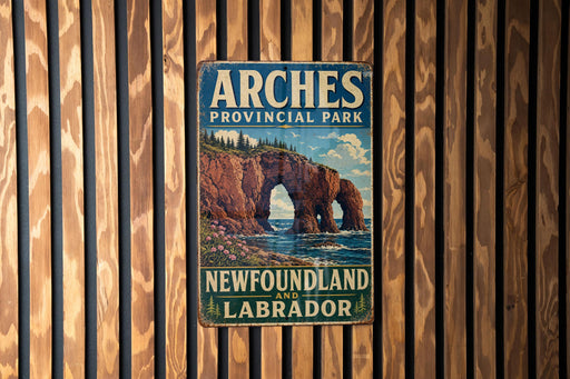 A vintage metal sign for the Arches Provincial Park in New Brunswick, Labrador, featuring a scenic image of the park's rock formations and landscape.