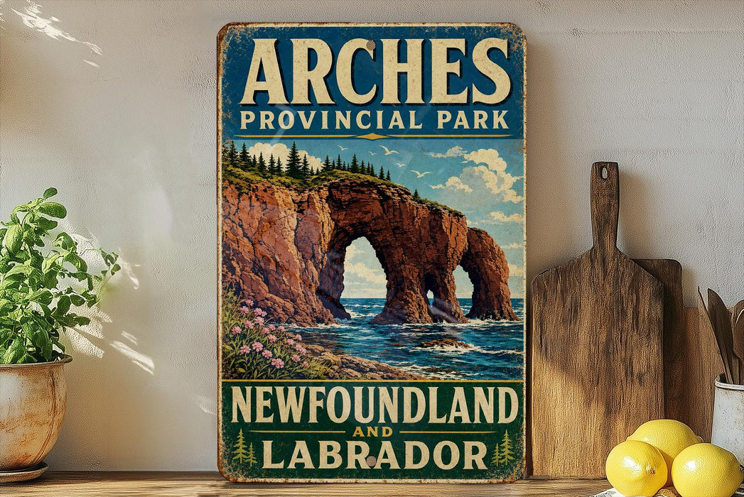 A vintage-style sign for Arches Provincial Park, New Brunswick and Labrador, featuring a scenic illustration of the park's rock formations and coastline.