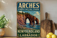 A vintage-style sign for Arches Provincial Park, New Brunswick and Labrador, featuring a scenic illustration of the park's rock formations and coastline.