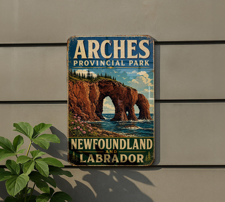 A vintage-style sign for the Arches Provincial Park in New Brunswick and Labrador, featuring a scenic landscape with a large rock formation and a body of water.
