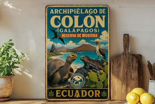 a vintage-style metal sign with a tropical landscape, including a large tortoise, a bird, and cacti, along with the text "ARCHIPIELAGO DE COLON (GALAPOS)" and "RESERVA DE BIOSFERA".