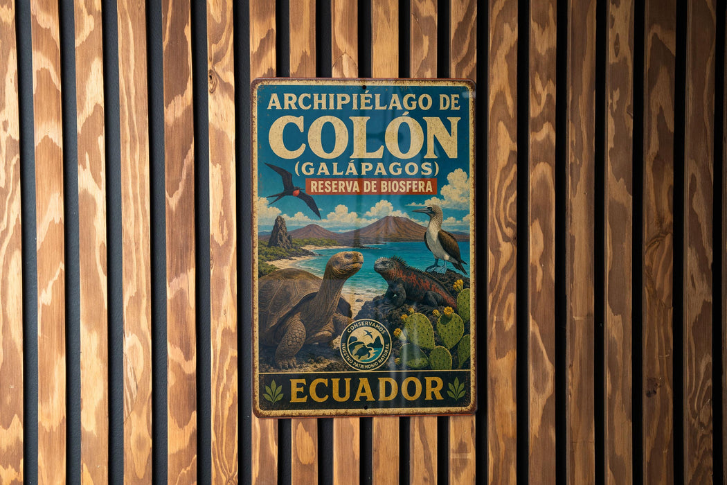 A vintage metal sign with the text "ARCHIPIELAGO DE COLON (GALAPAGOS)" and "RESERVA DE BIOSFERA" is displayed on a wooden wall.