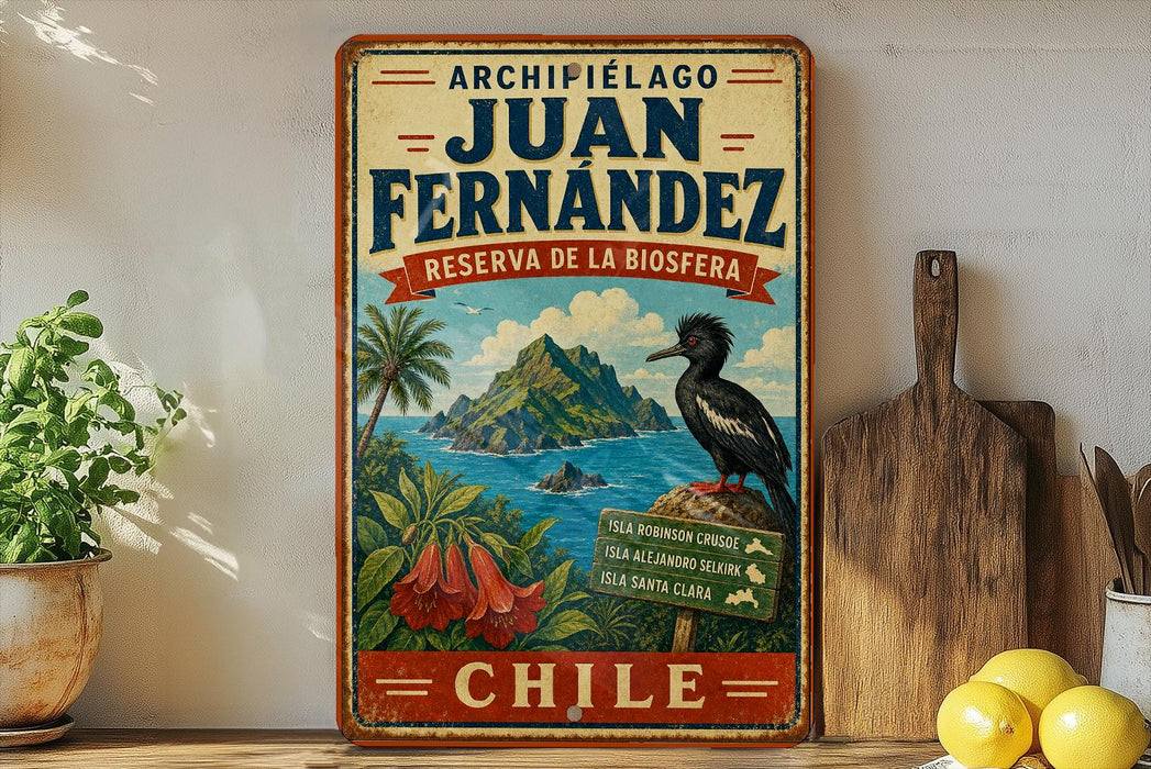 A vintage-style sign for Juan Fernández's reserve in Chile, featuring a tropical landscape with a bird and flowers.