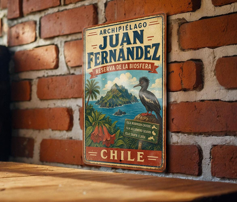 A vintage-style metal sign with a bird illustration and text, hanging on a brick wall.