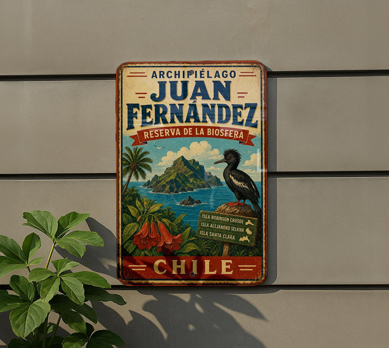 A vintage-style metal sign with a bird perched on a rock, depicting a tropical island landscape with palm trees and a blue sky.