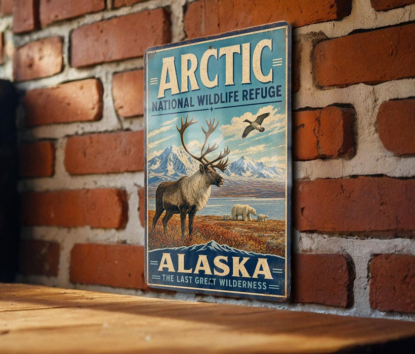 A vintage-style sign for the Arctic National Wildlife Refuge in Alaska, featuring an illustration of a moose and a bird in a mountainous landscape.