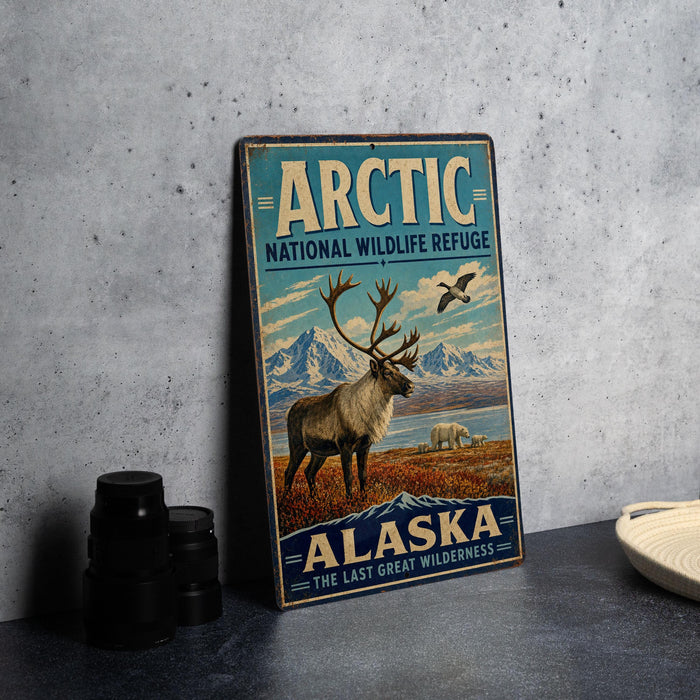 A vintage-style sign for the Arctic National Wildlife Refuge in Alaska, featuring an illustration of a reindeer and mountains in the background.