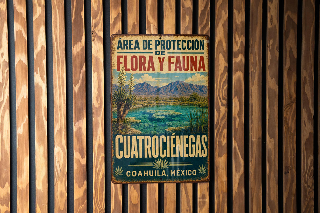 A vintage metal sign with text and an illustration of a natural landscape, mounted on a wooden wall.