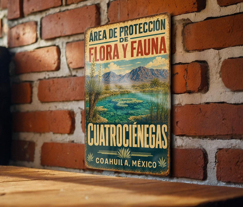 A vintage metal sign with a landscape of mountains and a lake, mounted on a brick wall.