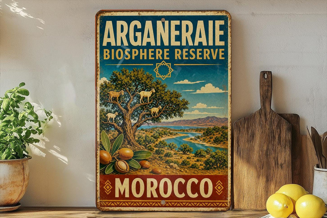 a vintage-style sign for the Arganderaie Biosphere Reserve in Morocco, with a scenic landscape and text indicating the reserve's location.