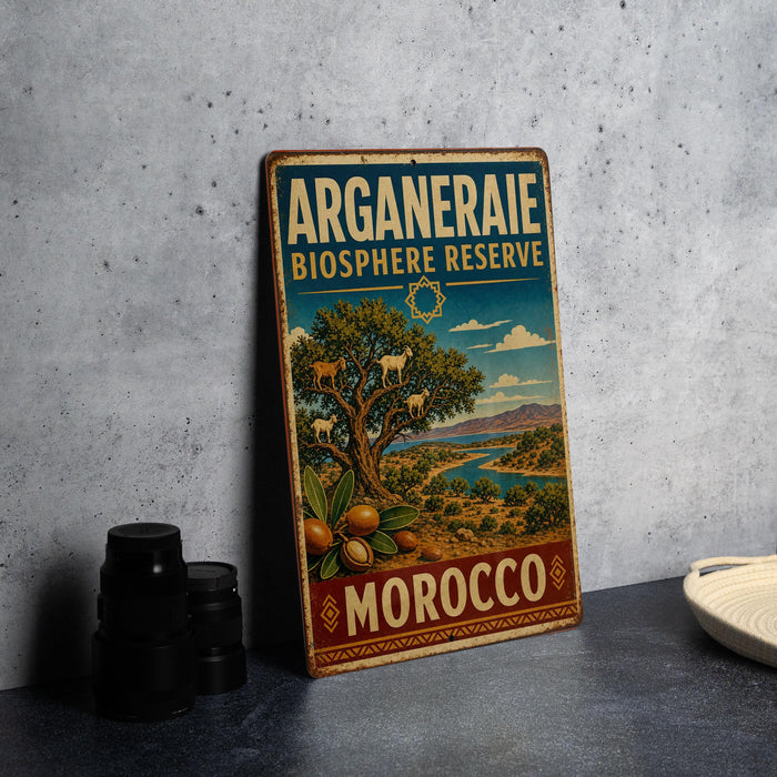 A vintage-style metal sign for the Arguerè Biosphere Reserve in Morocco, featuring an illustration of a tree with goats and other animals.